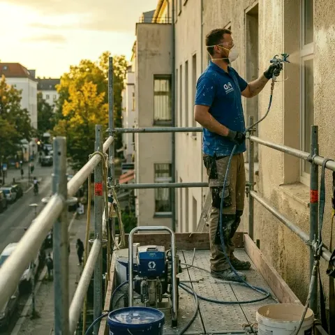 Kiesel Wiese – Malerteam bei der Arbeit auf Gerüst